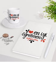 BK Gift Kişiye Özel En İyi Öğretmen Beyaz Defter Kalem Türk Kahvesi Fincanı Seti-6 (Model 1)