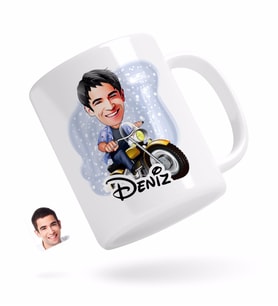 BK Gift Kişiye Özel Erkek Motorcu Karikatürlü Beyaz Kupa Bardak-1