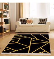 Gold Çizgili Geometrik Desenli Dijital Baskı Yıkanabilir Modern Salon Halı ve Yolluk (Siyah)