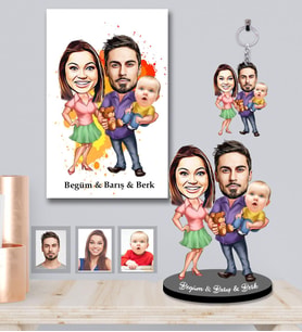 Kişiye Özel Aile Karikatürlü 3 lü Hediye Seti  Mod-4