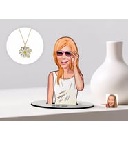 BK Gift Kişiye Özel Kadın Karikatürlü 3D Ahşap Biblo ve İsimli Tarihli Papatya Kolye Seti-18 (Model 1)