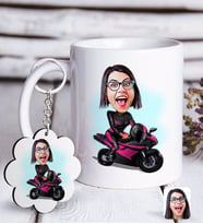 BK Gift Kişiye Özel Bayan Motorcu Karikatürlü Beyaz Kupa ve Anahtarlık Hediye Seti (Model 1)
