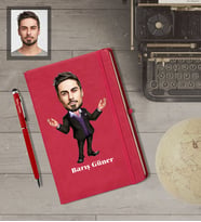 Kişiye Özel İş Adamı Karikatürlü  Kırmızı Defter Kalem Hediye Seti Bay-8