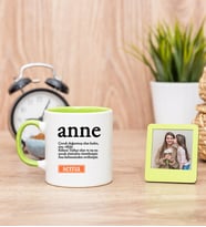 Anne Kelime Anlamı Yeşil Kupa Bardak ve Yeşil Mini Fotoğraf Çerçevesi