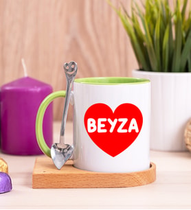 İsim Yazılı Kırmızı Kalpli Ahşap Altlıklı Yeşil Kupa Bardak