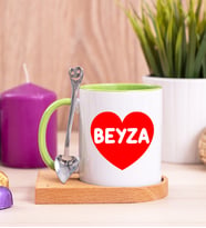 İsim Yazılı Kırmızı Kalpli Ahşap Altlıklı Yeşil Kupa Bardak
