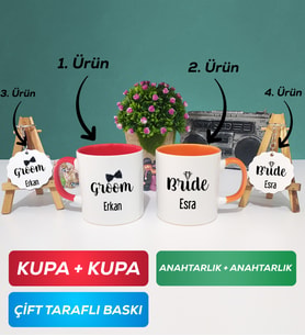 İkili Kırmızı Turuncu Damat Kupa Bardak Anahtarlık