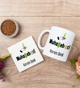 Muhasebeci Beyaz Kupa Bardak Ve Bardak Altlığı Seti