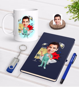 BK Gift Kişiye Özel Erkek Cerrah Karikatürlü Lacivert Defter Kalem Kupa 32gb USB Bellek Hediye Seti-1 (Model 1)