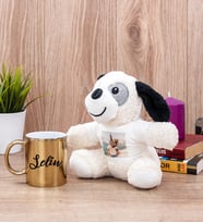 Kişiye Özel İsim Yazılı Gold Kupa Bardak ve Peluş Köpek