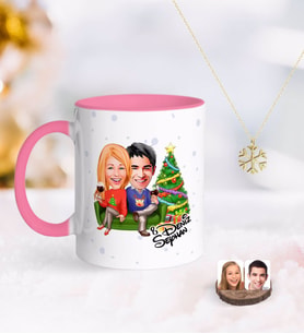 BK Gift Kişiye Özel Yeni Yıl Sevgililer Karikatürlü Pembe Kupa ve Kar Tanesi Kolye-4 (Model 1)