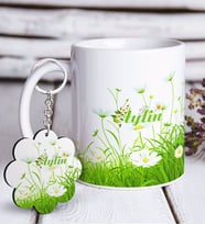 BK Gift Kişiye Özel Papatya Tasarımlı Beyaz Kupa ve Anahtarlık Hediye Seti-6 (Model 1)