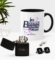 BK Gift Kişiye Özel İlk Babalar Günün Kutlu Olsun Siyah Kupa Çakmak Kol Düğmesi Seti-2 (Model 1)