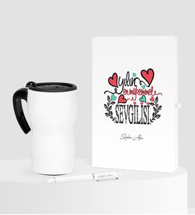 BK Gift Kişiye Özel Yılın En Mükemmel Sevgilisi Beyaz Defter Kalem Termos Mug Seti