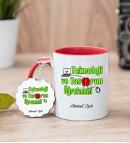 Teknoloji Ve Tasarım Öğretmeni Kırmızı Kupa Bardak Ve Anahtarlık Set