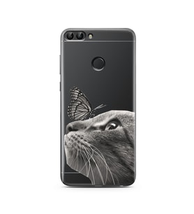 Kedi Kelebek Tasarımlı Süper Şeffaf Silikon Telefon Kılıfı Huawei P Smart 