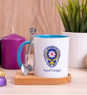 Polis Logolu Ahşap Altlıklı Mavi Kupa Bardak