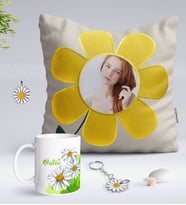 BK Gift Kişiye Özel Fotoğraflı Papatya Yastık Kupa Papatya Kolye ve Silver Anahtarlık Seti-7 (Model 1)