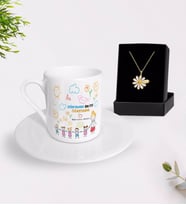 BK Gift Kişiye Özel Dünyanın En İyi Öğretmeni Türk Kahvesi Fincanı ve İsimli Papatya Kolye Hediye Seti-25, Öğretmene Hediye, Öğretmenler Günü (Model 1)