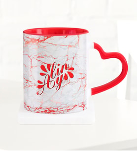BK Gift Kişiye Özel Mermer Desenli Kırmızı Kalpli Kupa Bardak  8