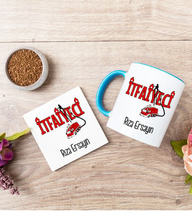 İtfaiyeci Mavi Kupa Bardak Ve Bardak Altlığı Seti