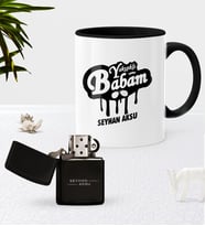 BK Gift Kişiye Özel Yakışıklı Babam Siyah Kupa Bardak Benzinli Metal Çakmak Seti-2 (Model 1)