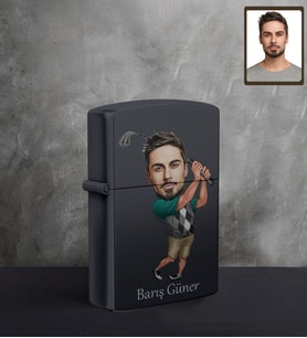 Kişiye Özel Golfçü Karikatürlü UV Baskılı Siyah Benzinli Çakmak Bay-1