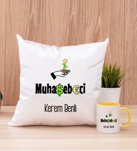 Muhasebeci Kare Yastık ve Sarı Kupa Bardak