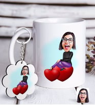 BK Gift Kişiye Özel Bayan Karikatürlü Beyaz Kupa ve Anahtarlık Hediye Seti-2 (Model 1)
