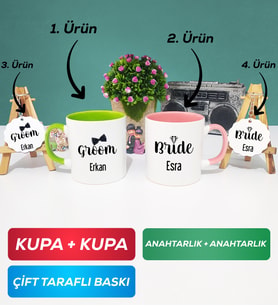 İkili Yeşil Pembe Damat Kupa Bardak Anahtarlık