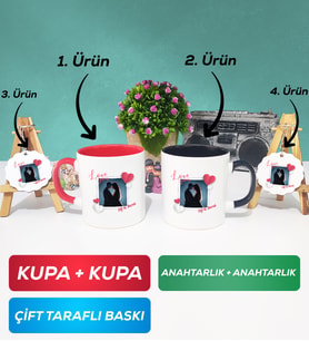 İkili Kırmızı Siyah Sevgiliye Sevgililer Günü Hediyesi 7 Kupa Bardak Anahtarlık