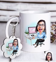 BK Gift Kişiye Özel Bayan Genel Müdür Karikatürlü Beyaz Kupa ve Anahtarlık Hediye Seti-1 (Model 1)