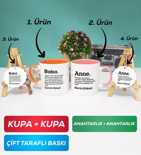 İkili Turuncu Pembe Kişiye Özel Baba ve Anne Kupa Bardak Anahtarlık Hediye Seti
