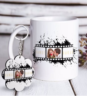 BK Gift Kişiye Özel Sevgililer Günü Film Şeridi Beyaz Kupa ve Anahtarlık Hediye Seti-1 (Model 1)
