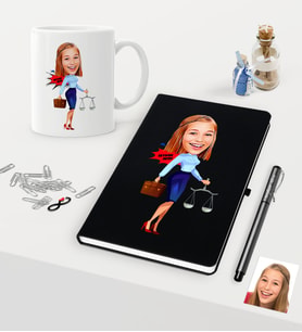 BK Gift Kişiye Özel Bayan Avukat Karikatürlü Siyah Defter Kalem Kupa Seti - 3 (Model 1)