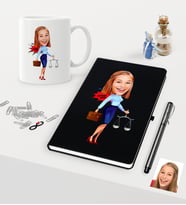 BK Gift Kişiye Özel Bayan Avukat Karikatürlü Siyah Defter Kalem Kupa Seti - 3 (Model 1)