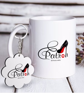 BK Gift Kişiye Özel Mesleki Patron Beyaz Kupa ve Anahtarlık Hediye Seti-1 (Model 1)