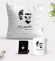 BK Gift Kişiye Özel Atatürk Temalı Beyaz Kupa Yastık ve İsimli Papatya Kolye Hediye Seti-24 (Model 1)