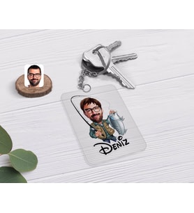 BK Gift Kişiye Özel Erkek Balıkçı Karikatürlü Şeffaf Pleksi Anahtarlık (Beyaz)