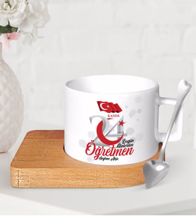 BK Gift Kişiye Özel Bugün Günlerden Öğretmen Ahşap Altlıklı Seramik Fincan-2 (Beyaz)