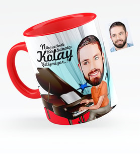 BK Gift Kişiye Özel Bay Piyanist Karikatürlü Kırmızı Kupa Bardak  1
