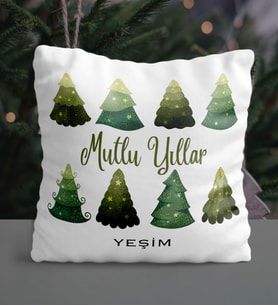 Kişiye Özel Mutlu Yıllar - Çam Ağaçları Tasarımlı Saten Yastık (Beyaz)