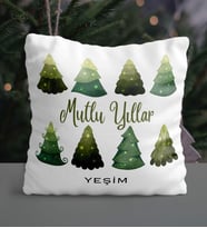 Kişiye Özel Mutlu Yıllar - Çam Ağaçları Tasarımlı Saten Yastık (Beyaz)