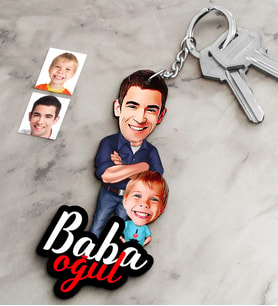 BK Gift Kişiye Özel Baba Oğul Ahşap Karikatür Anahtarlık-2 (Çok Renkli)