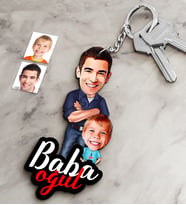 BK Gift Kişiye Özel Baba Oğul Ahşap Karikatür Anahtarlık-2 (Çok Renkli)