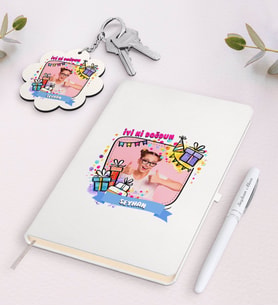 BK Gift Kişiye Özel Fotoğraflı Doğum Günü Beyaz Defter Kalem ve Anahtarlık Hediye Seti-3 (Model 1)