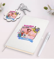 BK Gift Kişiye Özel Fotoğraflı Doğum Günü Beyaz Defter Kalem ve Anahtarlık Hediye Seti-3 (Model 1)