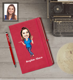 Kişiye Özel İş Kadını Karikatürlü  Kırmızı Defter Kalem Hediye Seti Bayan-11