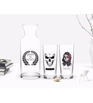 BK Gift Kişiye Özel Renkli Baskılı Kurukafa Tasarımlı İkili Rakı Bardağı ve Karaf Hediye Seti-1 (Model 1)