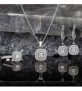 Else Silver Pırlanta Modeli Çift Sıralı Gümüş 3lü Takı Seti